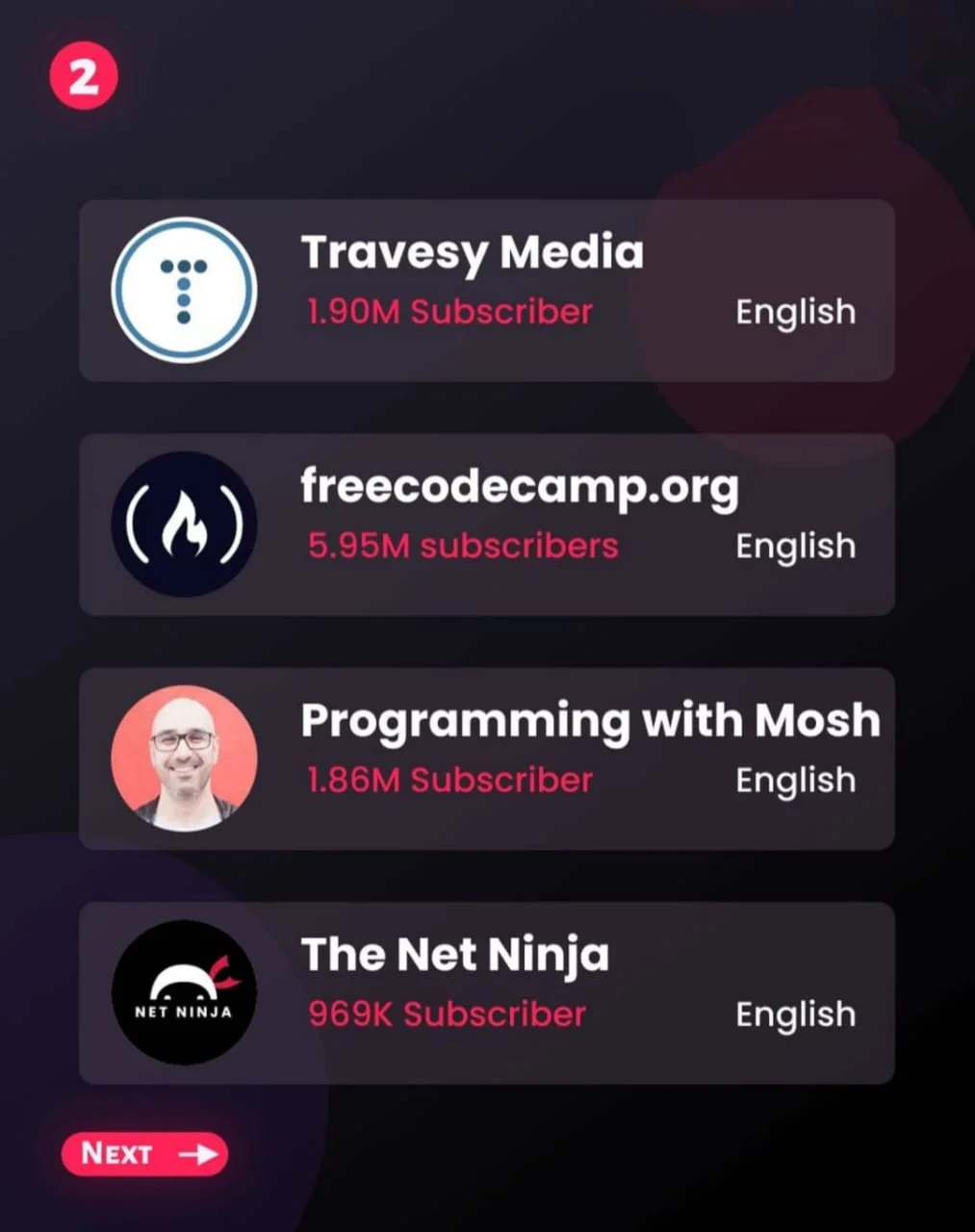 traversy media, freecodecamp.org, programming with mosh, the net ninja